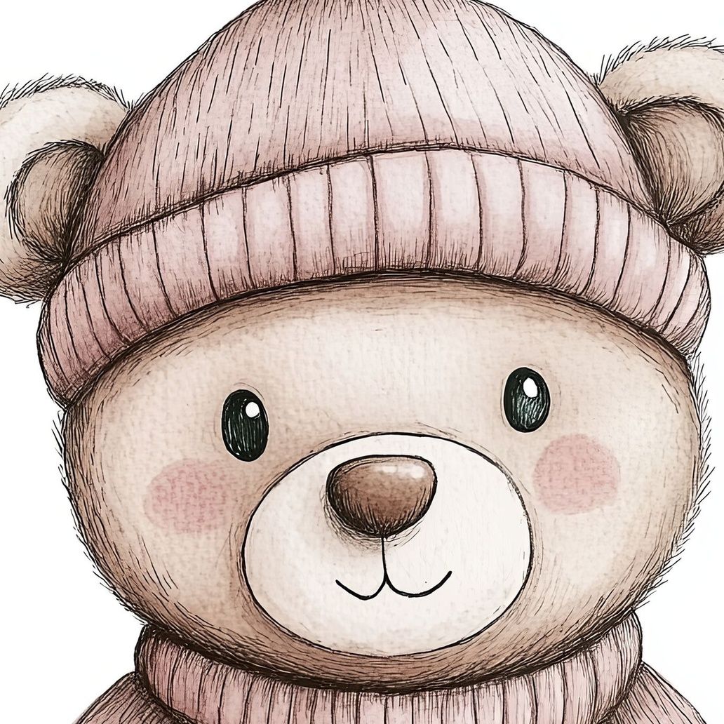 Adorable Pink Hat Bear Art Print Close-up