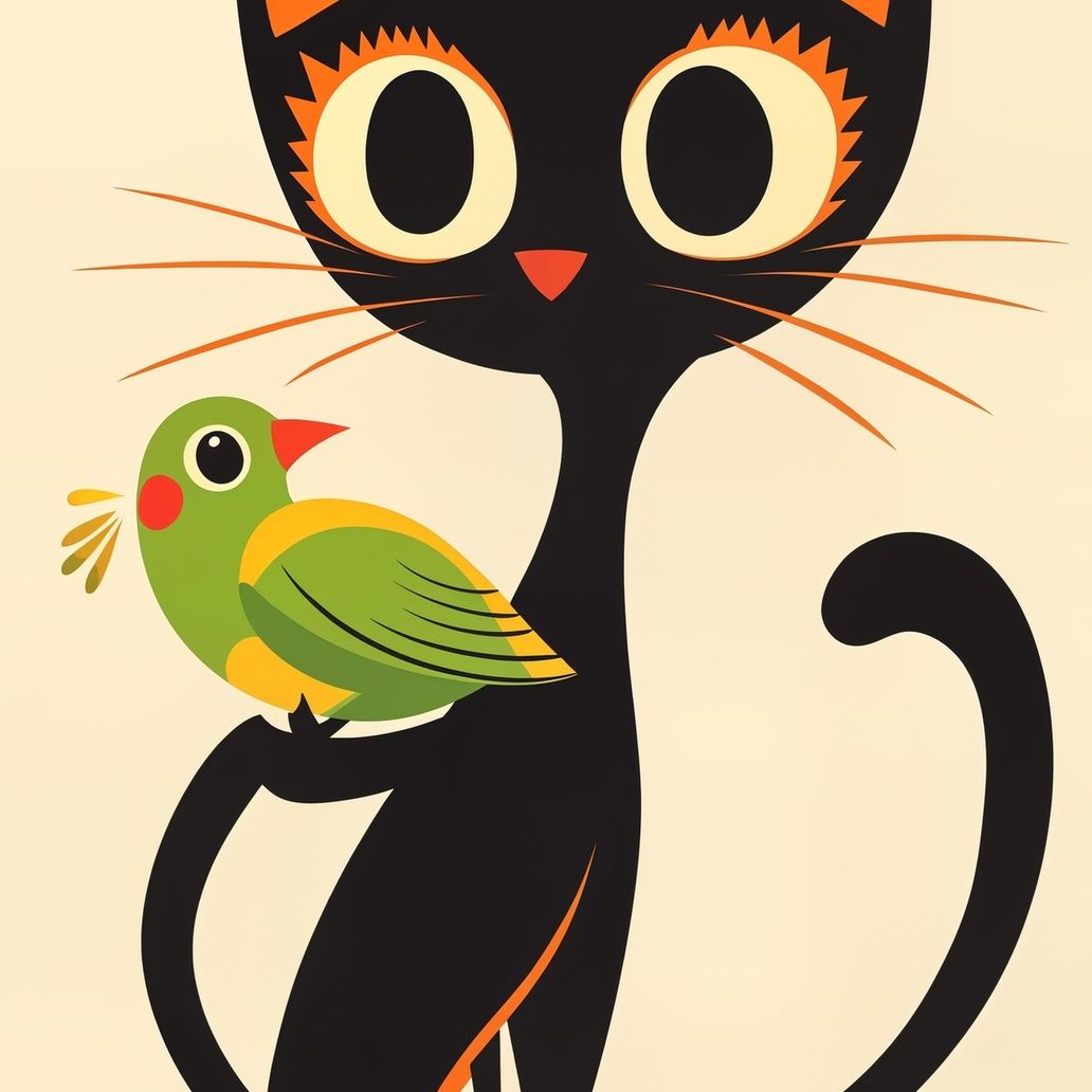 Black Cat Bird Companion Art Print Close-up