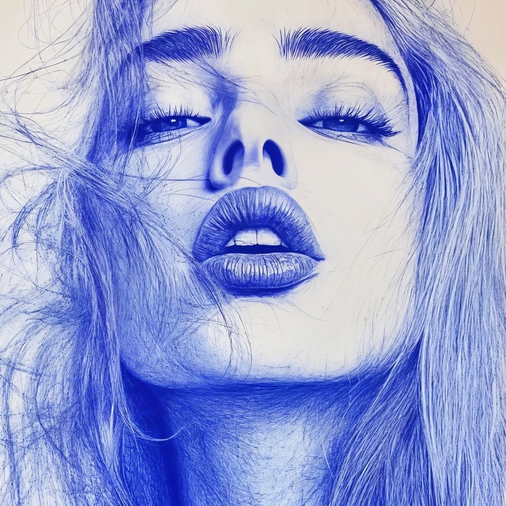 Blue Ink Portrait Art Print Close-up