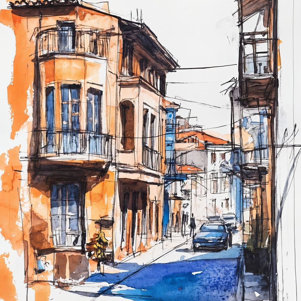 European Street Watercolor Art Print Close-up