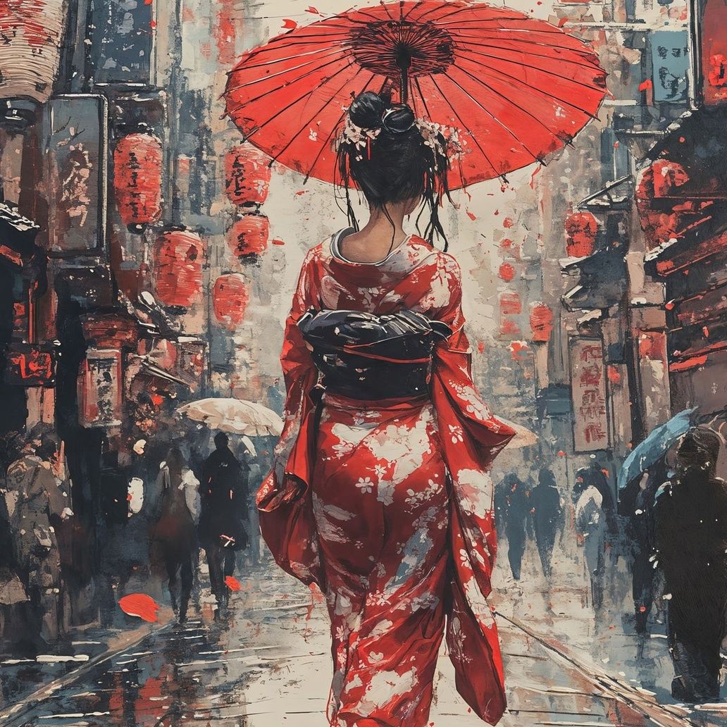 Geisha In The Rain Art Print Close-up