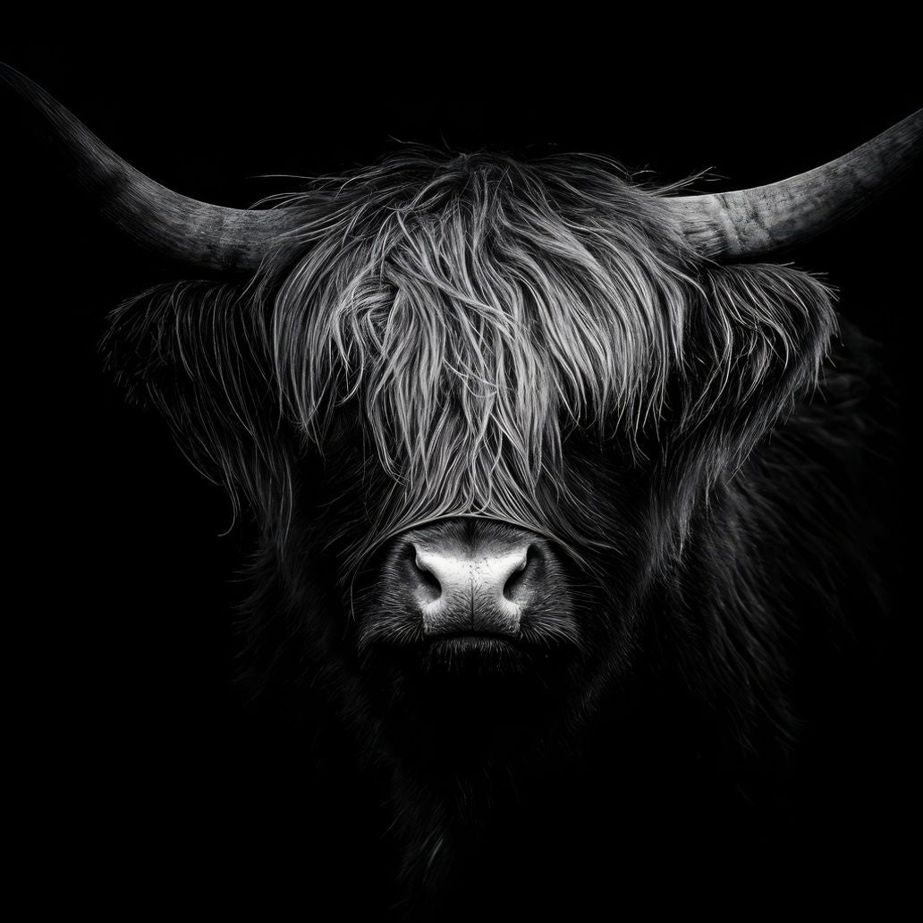 Monochrome Highland Cow Art Print Close-up