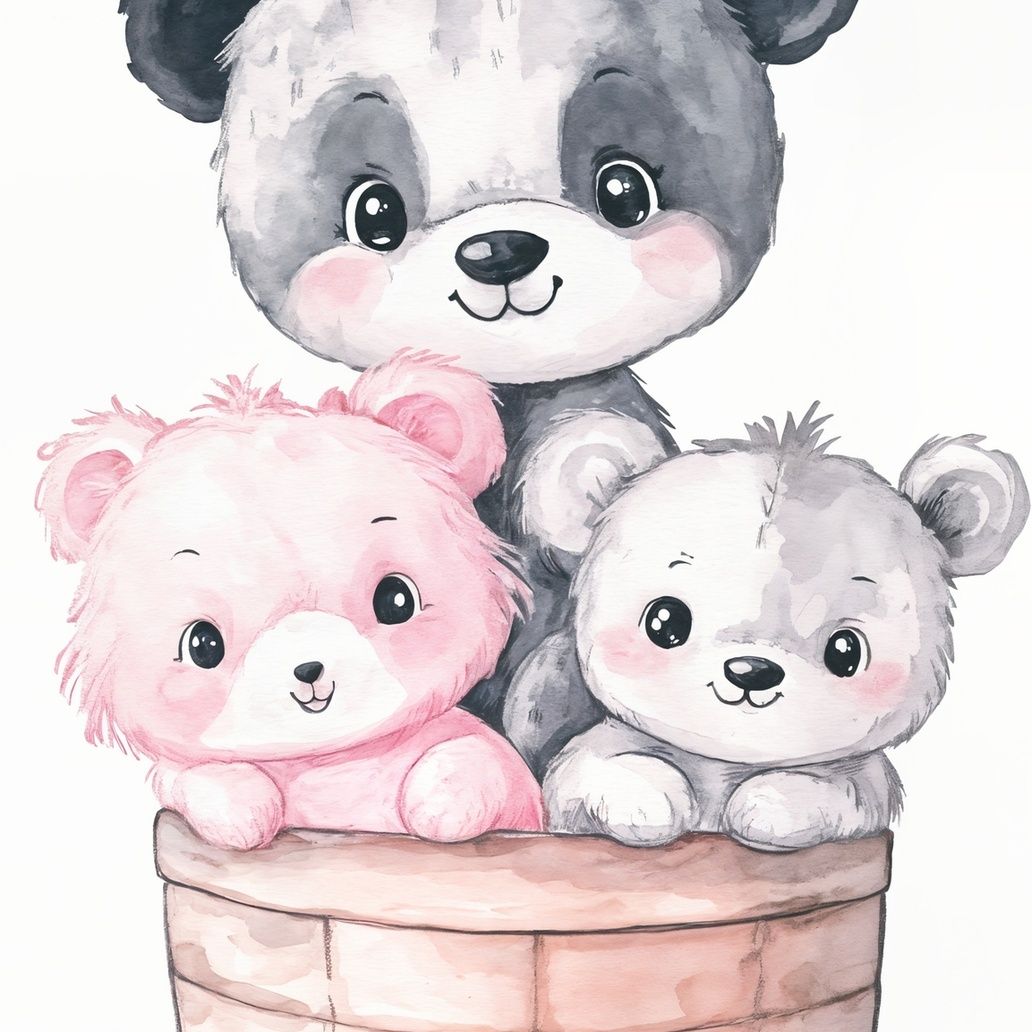 Three Bears In A Basket Art Print Close-up