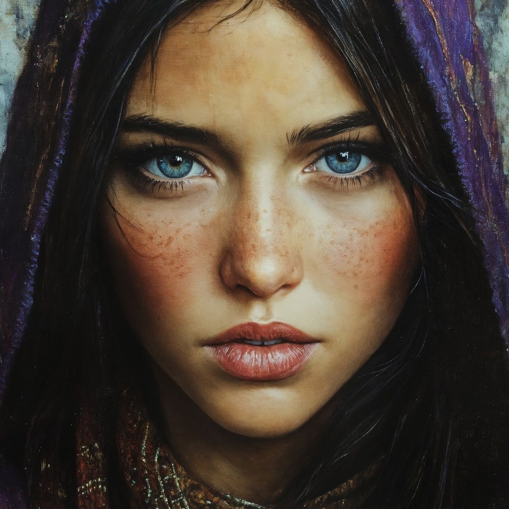 Woman With Purple Headscarf Art Print Close-up